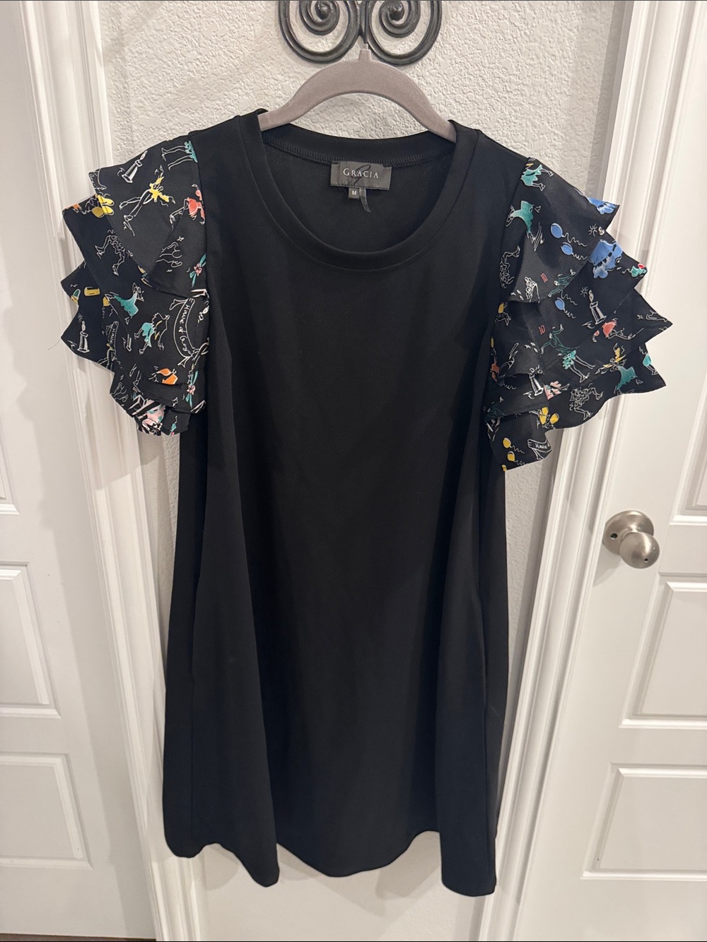 Gracia Black Shift Dress with Colorful Ruffle Sleeves